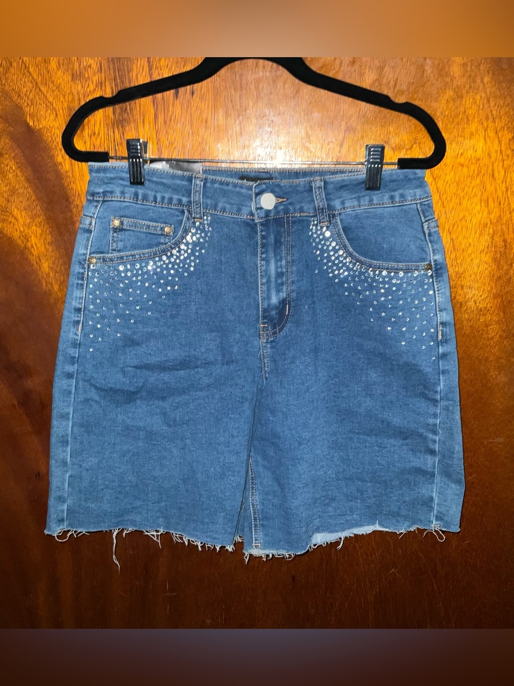 bebe Medium Blue Denim shorts with Rhinestone Detail